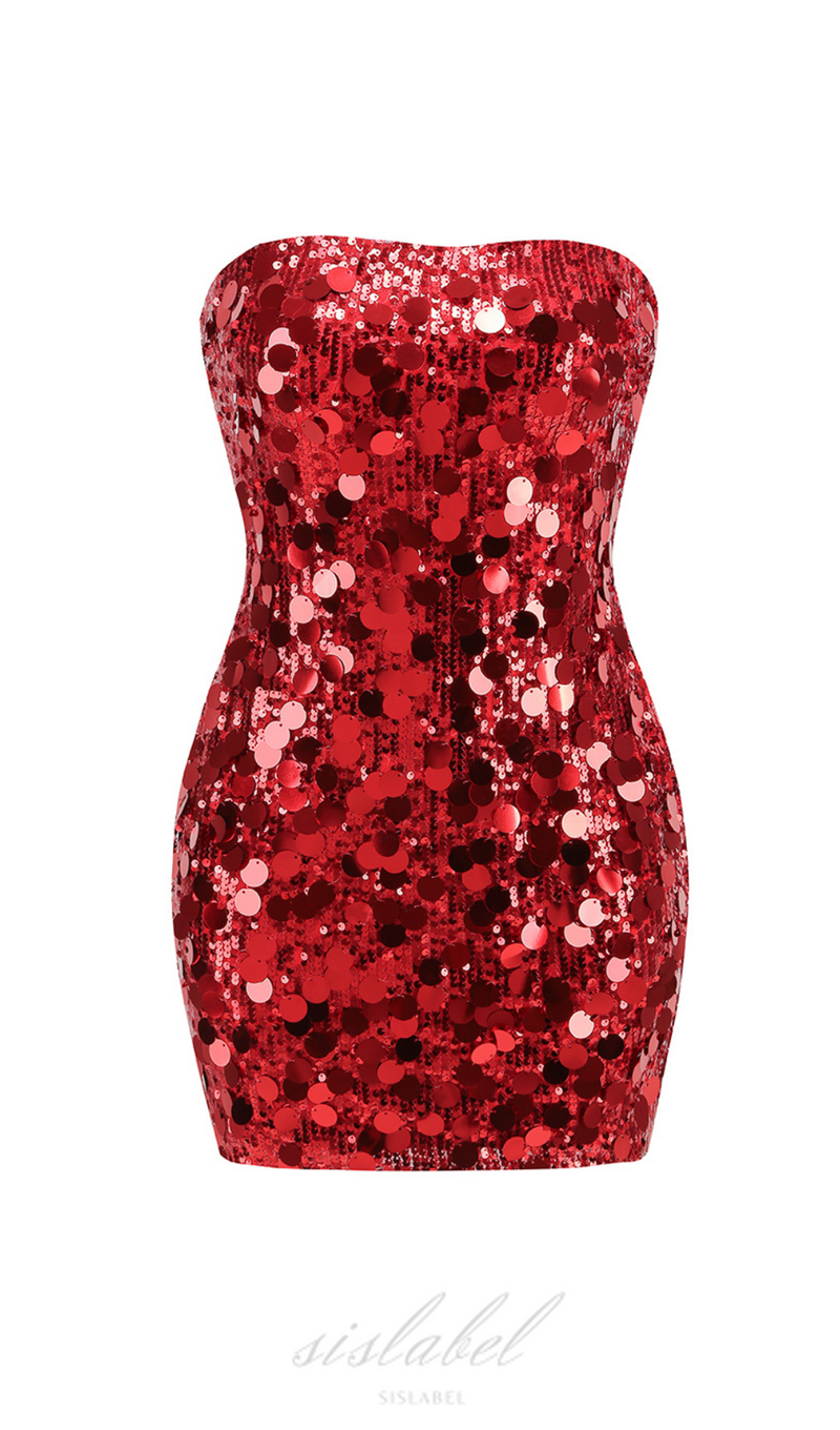 SEQUIN STRAPLESS MINI RED DRESS