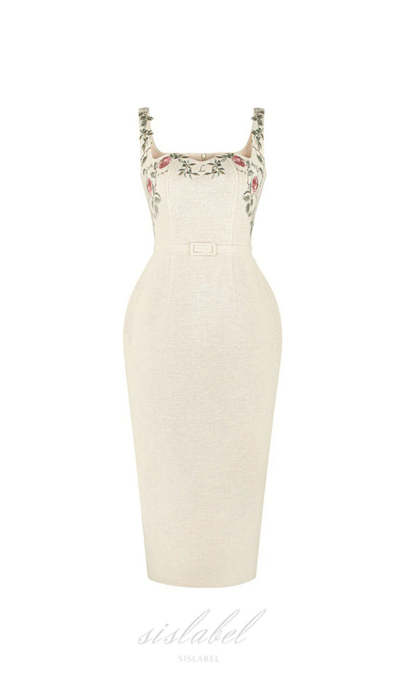 MACHINE EMBROIDERY STRAP HIP MIDI DRESS