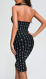 RHINESTONE STUDDED HALTER NECK MIDI DRESS