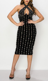 RHINESTONE STUDDED HALTER NECK MIDI DRESS