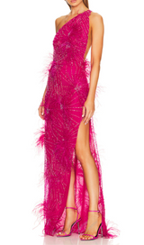 ONE-SHOULDER FEATHER EMBELLISHMENTS MAXI DRESS