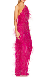 ONE-SHOULDER FEATHER EMBELLISHMENTS MAXI DRESS