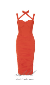 MESH RUCHED MIDI DRESS IN ORANGE