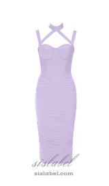 MESH RUCHED MIDI DRESS IN PURPLE