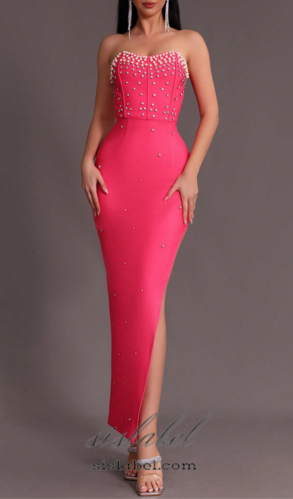 RED BEADED STRAPLESS SIDE SLIT BANDAGE DRESS