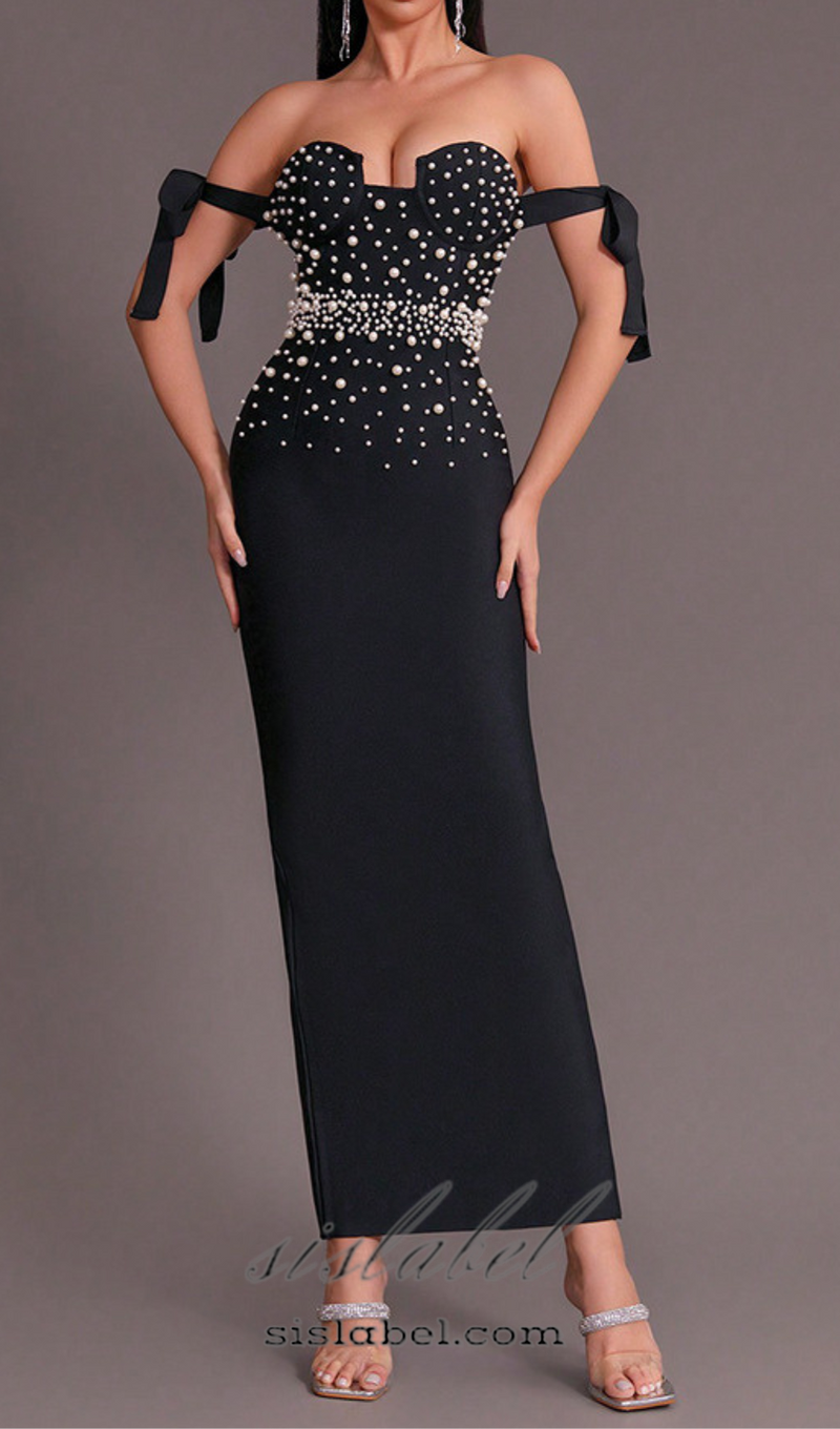 PEARL EMBELLISHED BACKLESS BODYCON MAXI DRESS