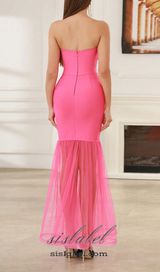 RHINESTONE DECOR OPEN SLIT STRAPLESS DRESS IN PINK