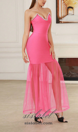 RHINESTONE DECOR OPEN SLIT STRAPLESS DRESS IN PINK