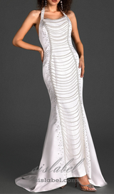 HALTER SATIN PEARL MERMAID DRESS IN WHITE