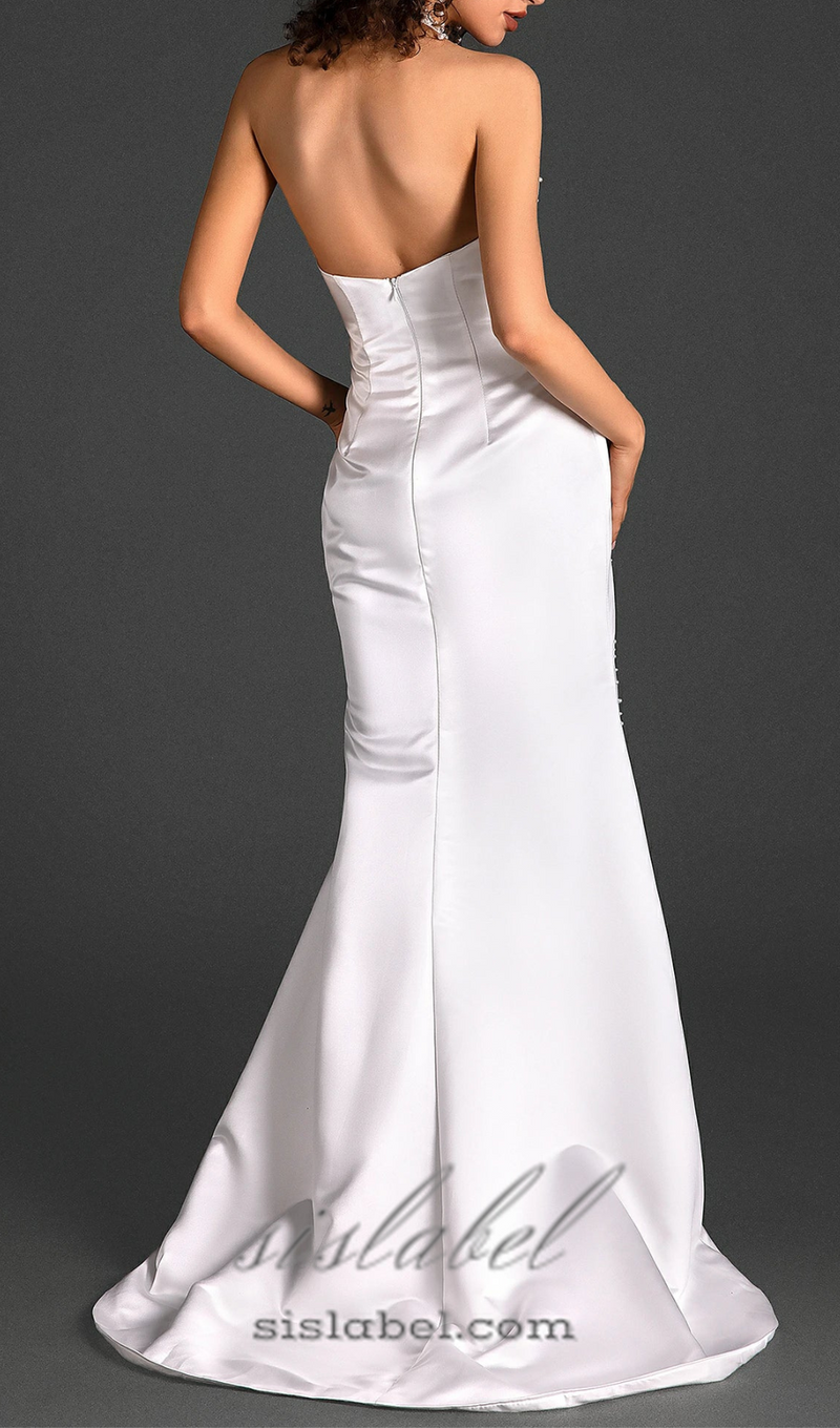 HALTER SATIN PEARL MERMAID DRESS IN WHITE