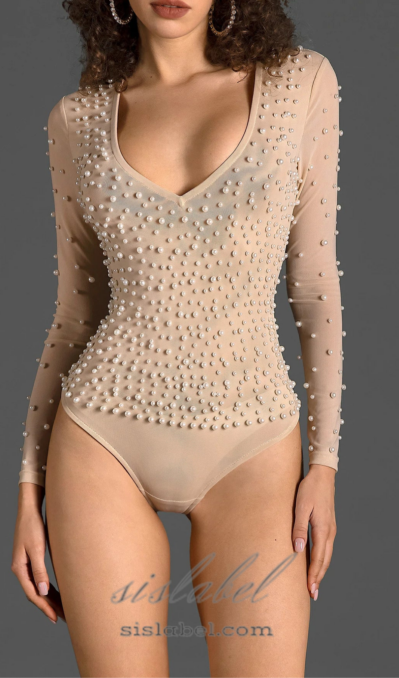 PEARL MESH BODYSUIT IN PALE BROWN