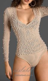 PEARL MESH BODYSUIT IN PALE BROWN