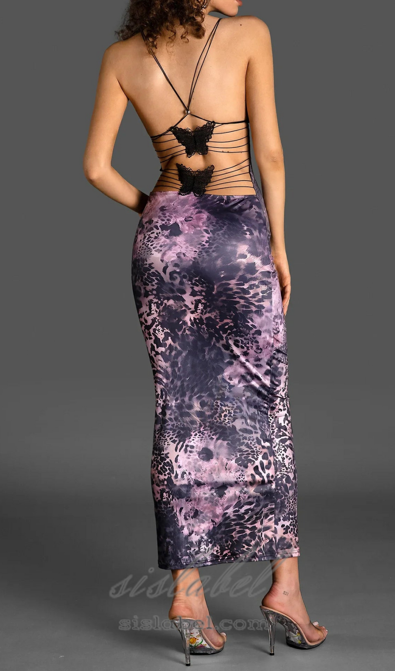 SPAGHETTI LEOPARD PRINT BACKLESS DRESS IN PURPLE