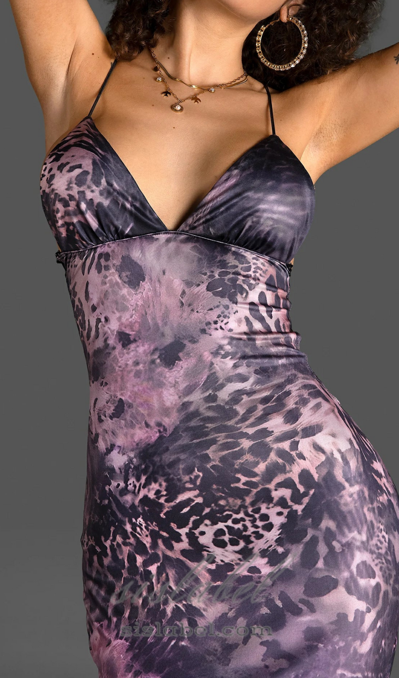 SPAGHETTI LEOPARD PRINT BACKLESS DRESS IN PURPLE