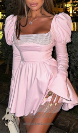 ROBE CORSET CRISTAL À MANCHES LONGUES PUFF A LIGNE EN ROSE