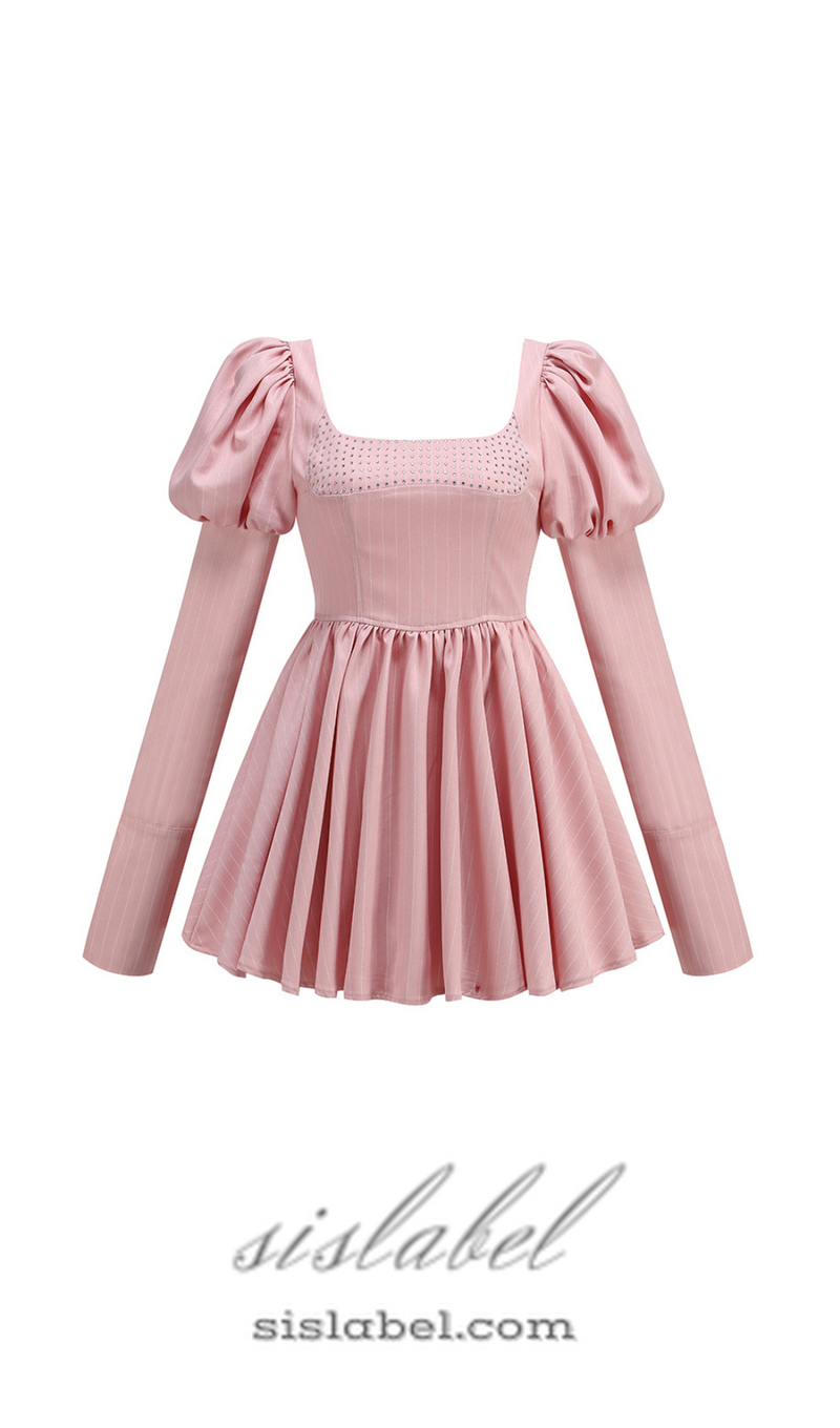 ROBE CORSET CRISTAL À MANCHES LONGUES PUFF A LIGNE EN ROSE