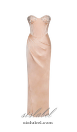 BLUSH SATIN CORSET SLIT GOWN WITH CRYSTAL EMBELLISHED