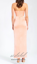 BLUSH SATIN CORSET SLIT GOWN WITH CRYSTAL EMBELLISHED