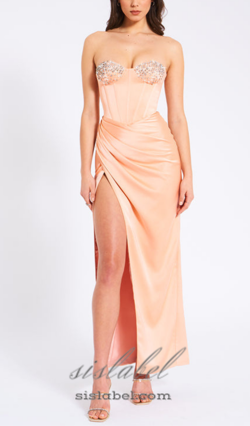 BLUSH SATIN CORSET SLIT GOWN WITH CRYSTAL EMBELLISHED