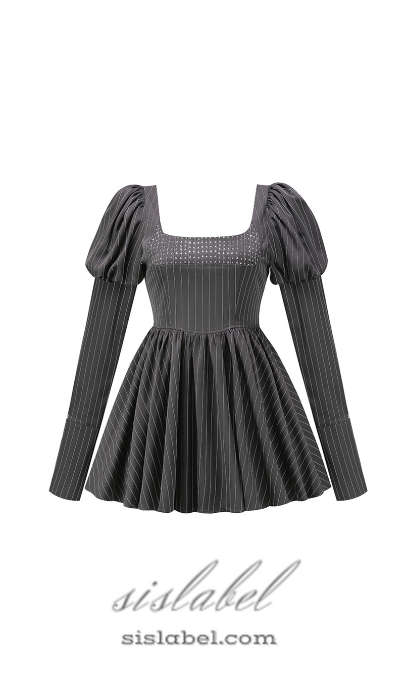 ROBE A LIGNE CORSET CRISTAL À MANCHES LONGUES BOUFFÉES EN NOIR