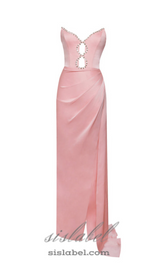 PINK SATIN CRYSTAL EMBELLISHED HIGH SLIT GOWN