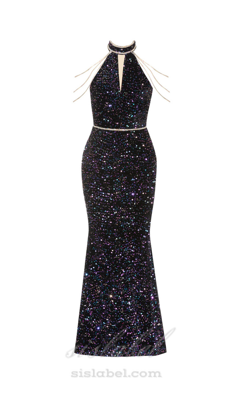 CRYSTAL-EMBELLISHED HALTER BODYCON MAXI DRESS