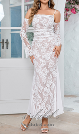 ROBE MAXI EN DENTELLE DRAPÉE À MANCHES LONGUES, BLANC