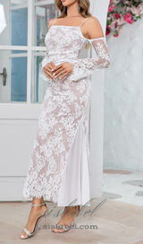 ROBE MAXI EN DENTELLE DRAPÉE À MANCHES LONGUES, BLANC