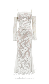 LONG SLEEVE DRAPED LACE MAXI DRESS IN WHITE