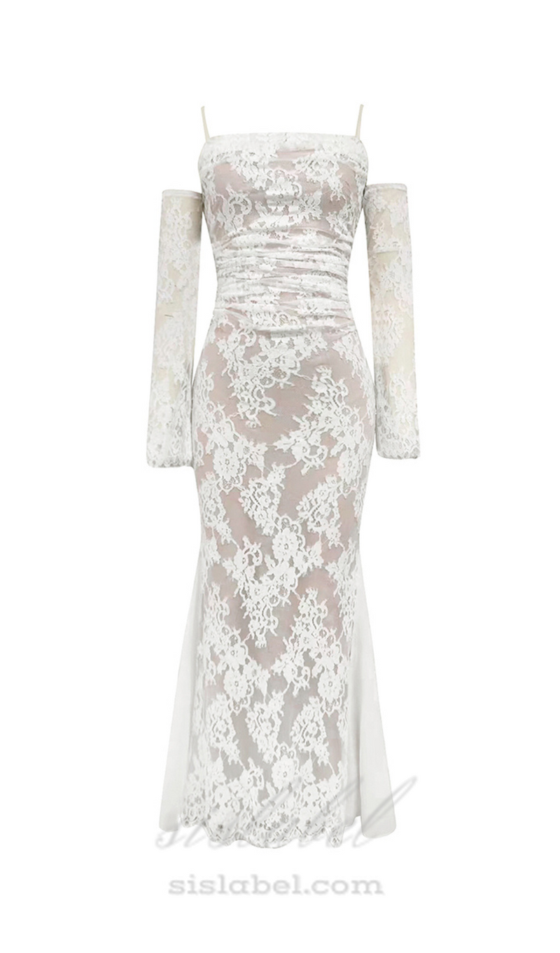 LONG SLEEVE DRAPED LACE MAXI DRESS IN WHITE