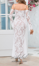 ROBE MAXI EN DENTELLE DRAPÉE À MANCHES LONGUES, BLANC