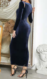 STRUCTURED DRAPED VELVET MAXI DRESS IN BLUE