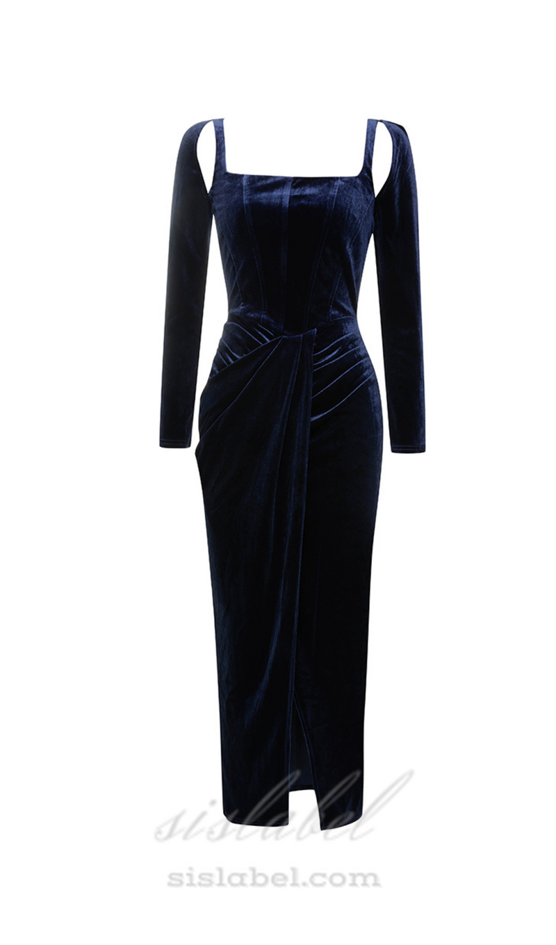 ROBE MAXI STRUCTURÉE DRAPÉE EN VELOURS BLEU