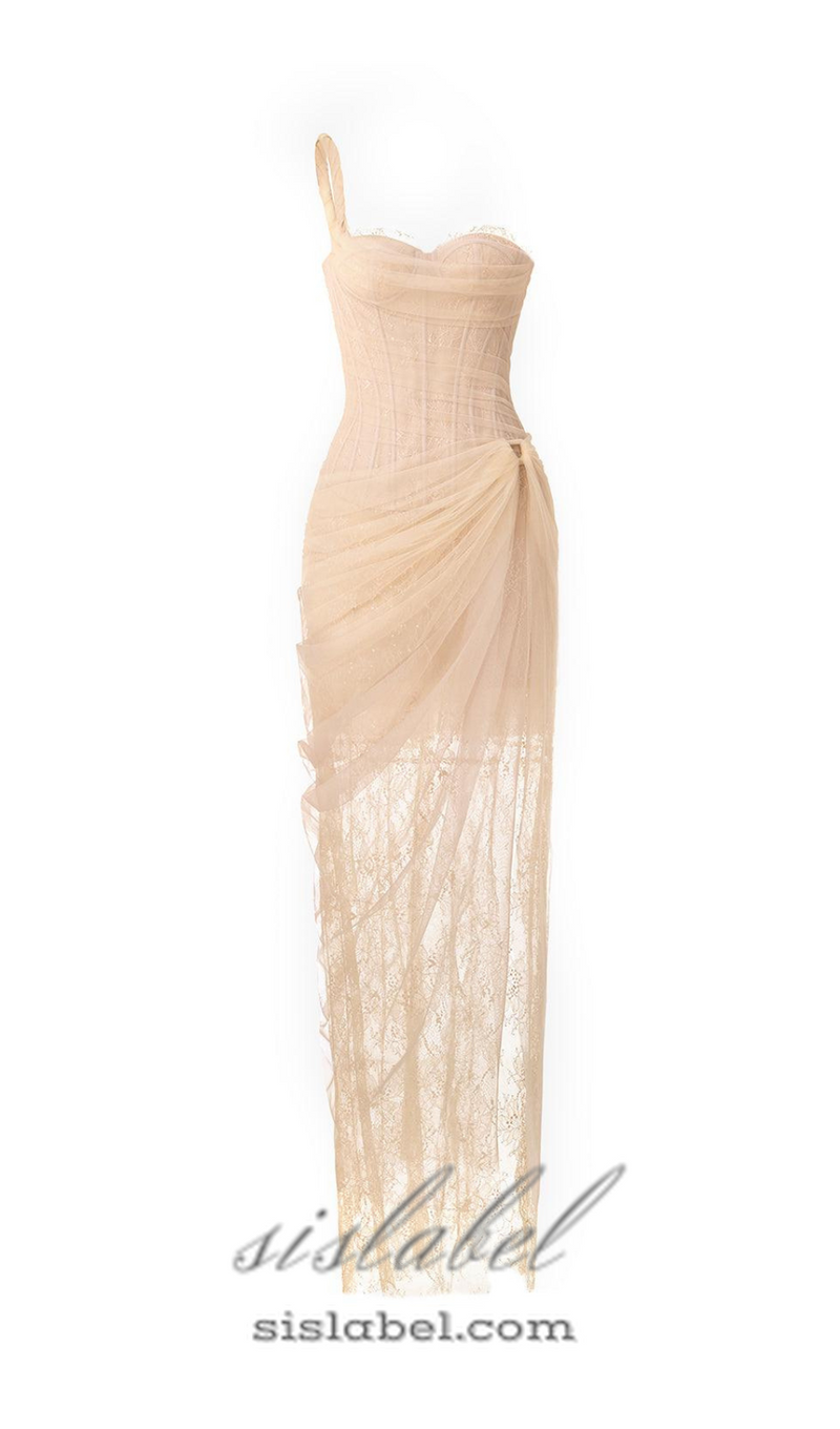 ONE SHOULDER MESH RUCHED MIDI DRESS IN PALE YELLOW