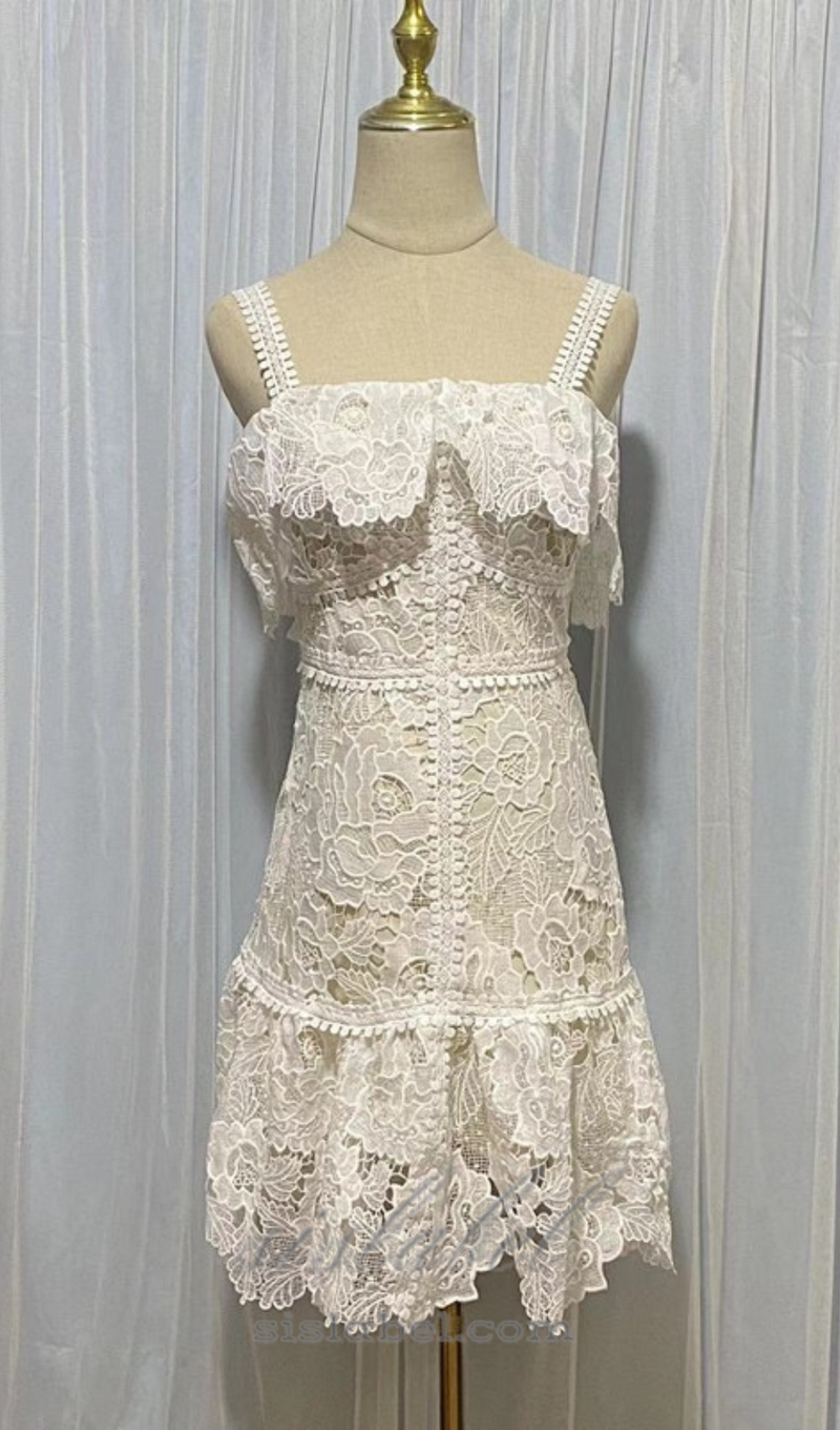 WHITE SPAGHETTI STRAP LACE MINI A-LINE DRESS