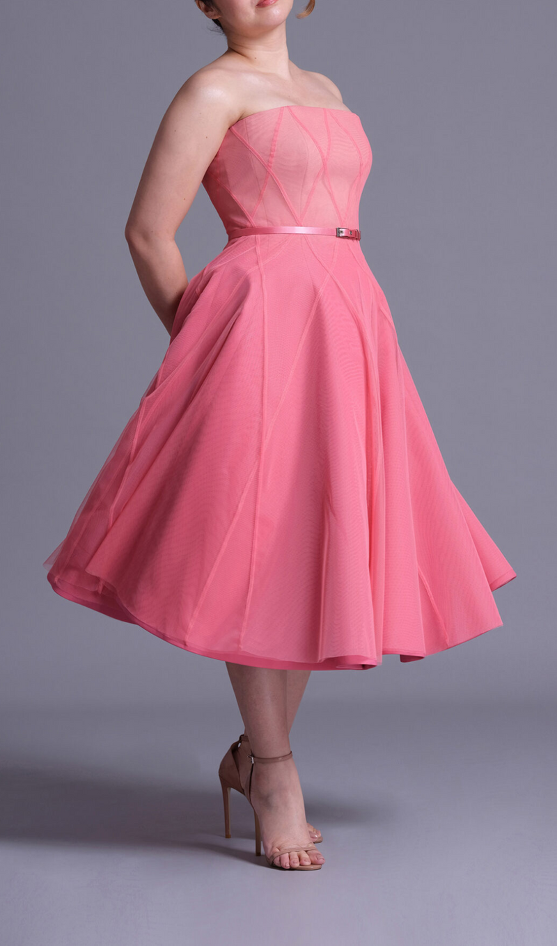 ROBE MIDI EN FILET DOUX OMBRE ROSE CORAIL