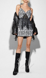 ZEBRA SEQUIN FRINGE TRIM MINI DRESS