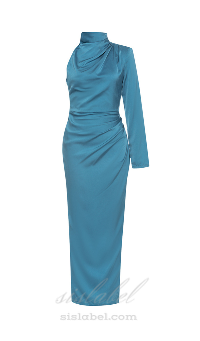 ONE SHOULDER SPLIT THIGH SATIN DRESS IN BLUE