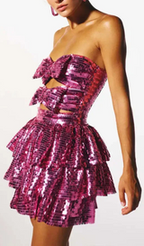 ROSE RED SEQUINS CUT OUT RUFFLED MINI DRESS