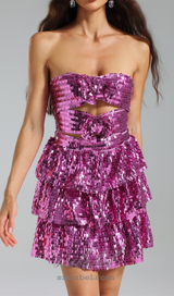 ROSE RED SEQUINS CUT OUT RUFFLED MINI DRESS