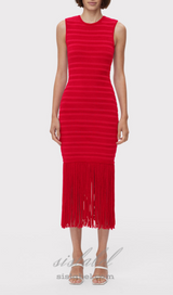 RED TEXTURED CHENILLE FRINGE MIDI DRESS