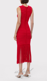 RED TEXTURED CHENILLE FRINGE MIDI DRESS