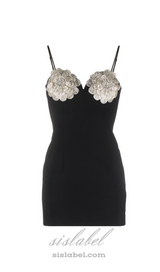 BLACK FLORAL-APPLIQUÉ CRYSTAL-EMBELLISHED MINI DRESS