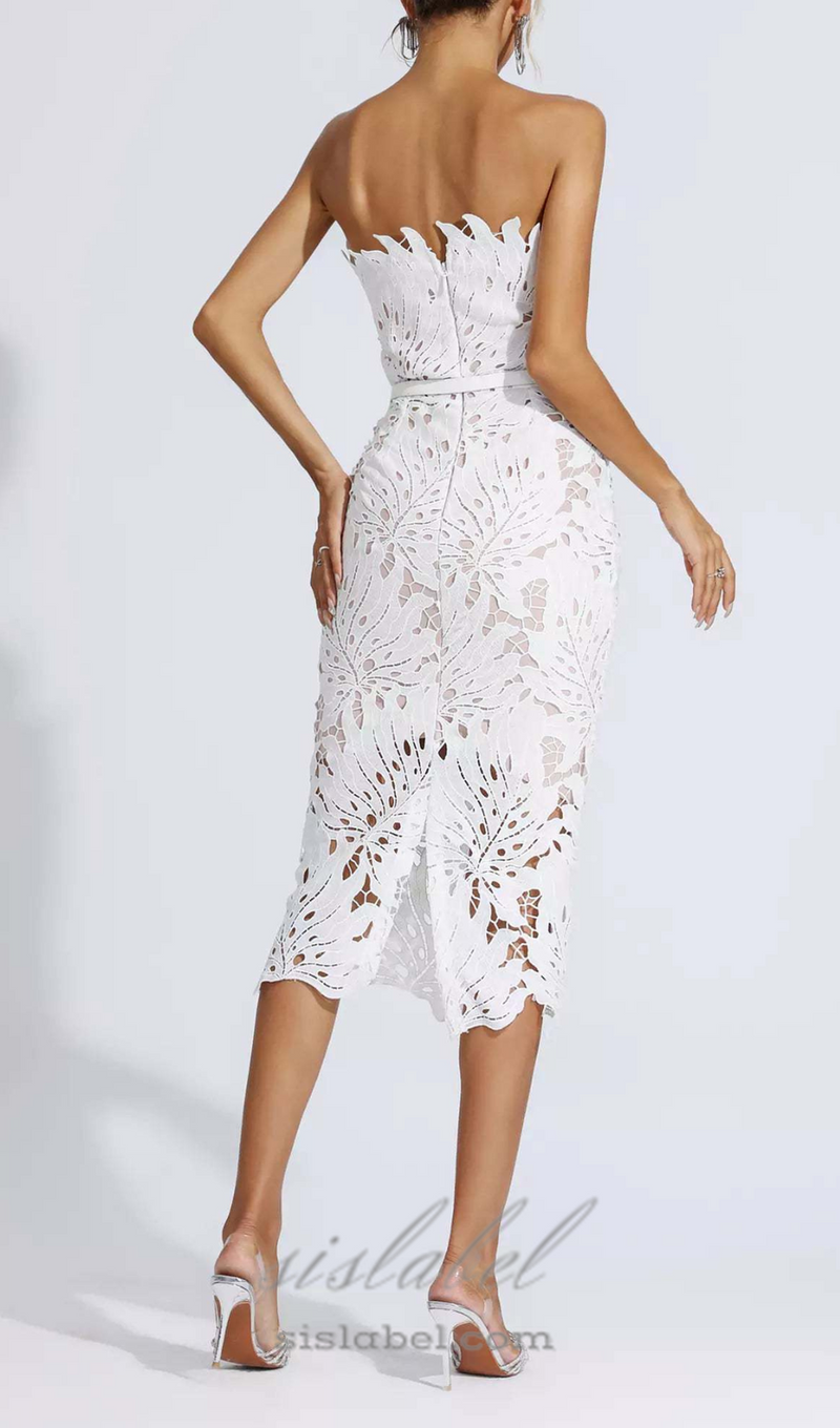 OFF-SHOULDER WHITE FLORAL LACE MIDI DRESS