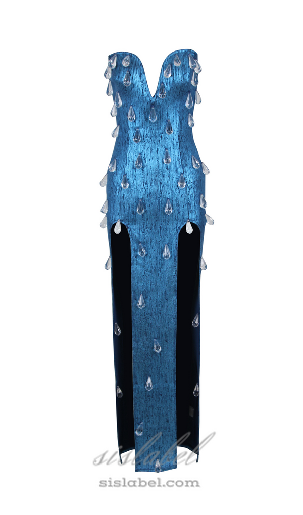 STRAPLESS CRYSTAL WOODGRAIN FOIL PRINT MAXI DRESS BLUE