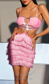 PINK RHINESTONE CUTOUT FRINGE DRESS