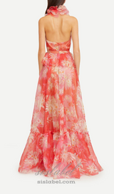 ORANGE FLORAL PRINTED SHEEVELESS HALTER MAXI DRESS