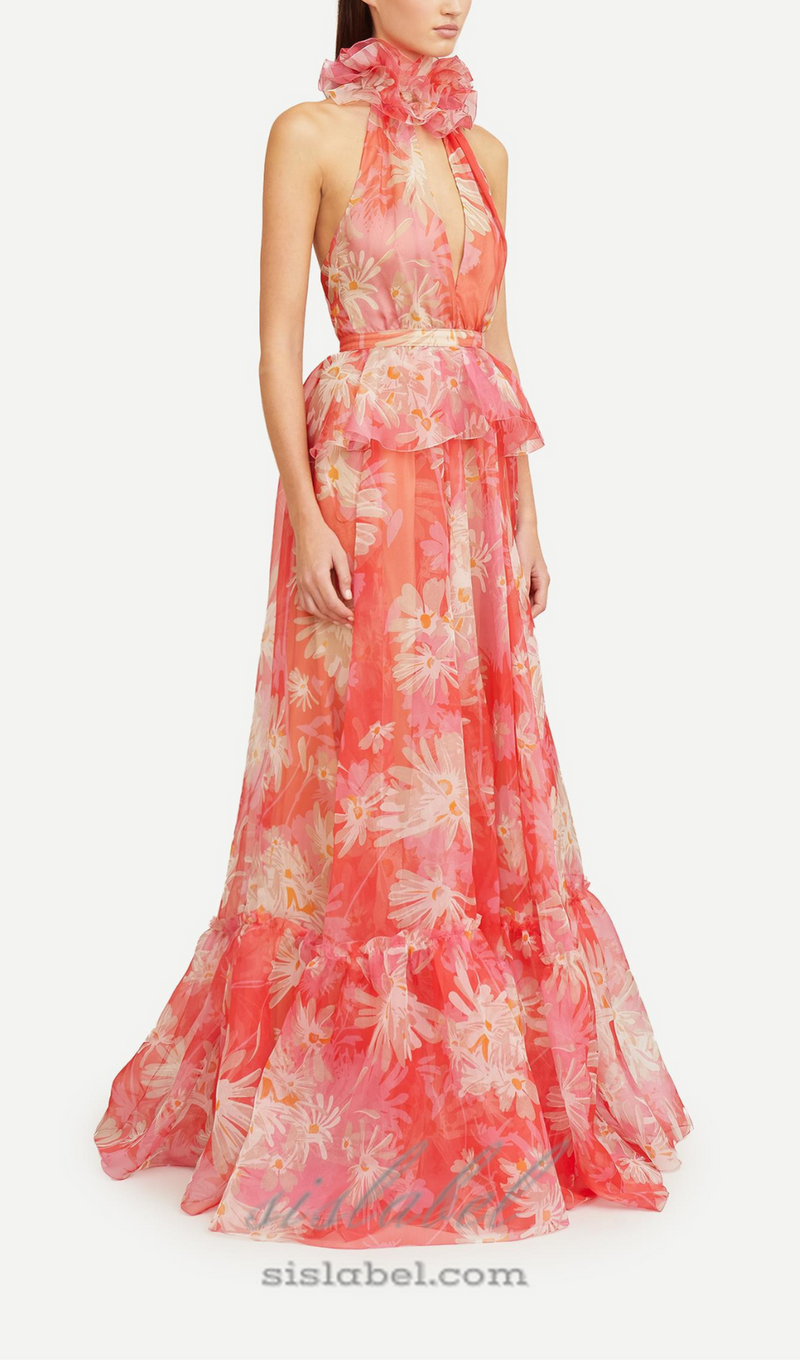 ORANGE FLORAL PRINTED SHEEVELESS HALTER MAXI DRESS