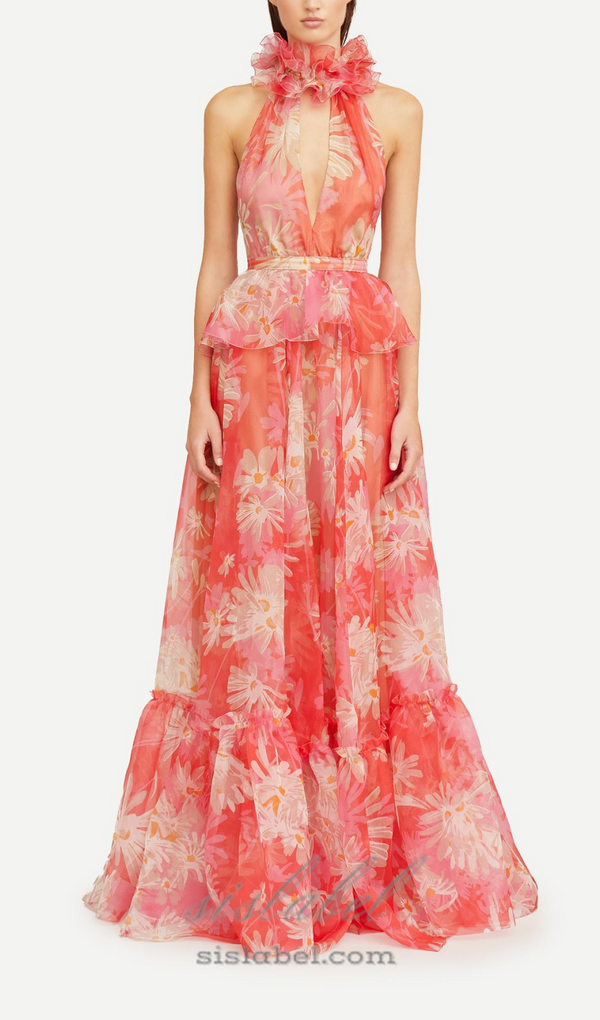 ORANGE FLORAL PRINTED SHEEVELESS HALTER MAXI DRESS