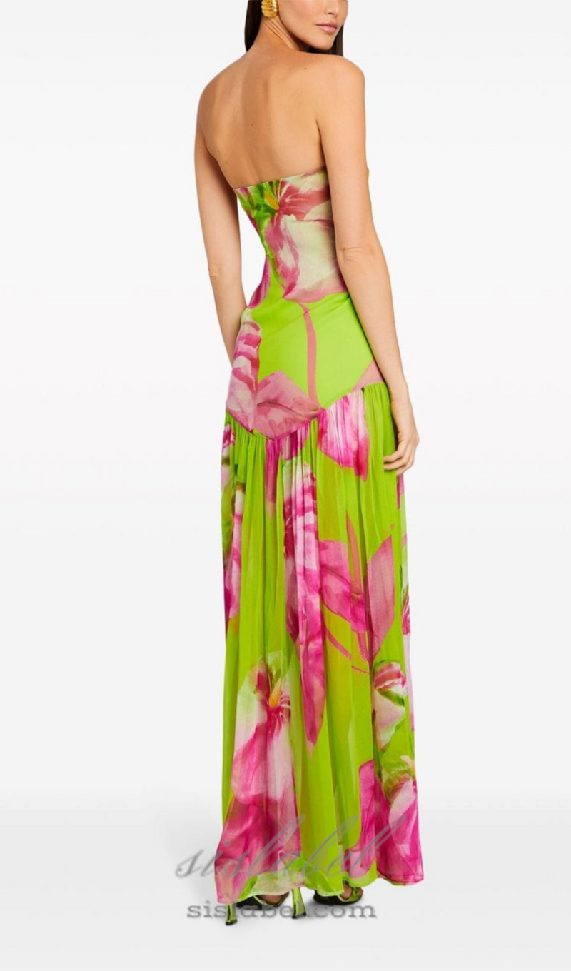 STRAPLESS SILK MAXI DRESS IN LIME ANTHURIUM